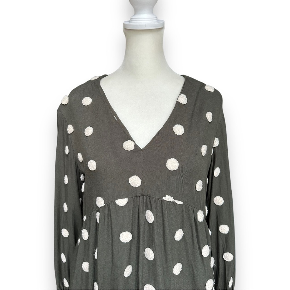 Zara Khaki Green Embroidered Polka Dot Long Sleeve Baby-Doll Dress | Medium - Picture 6 of 14
